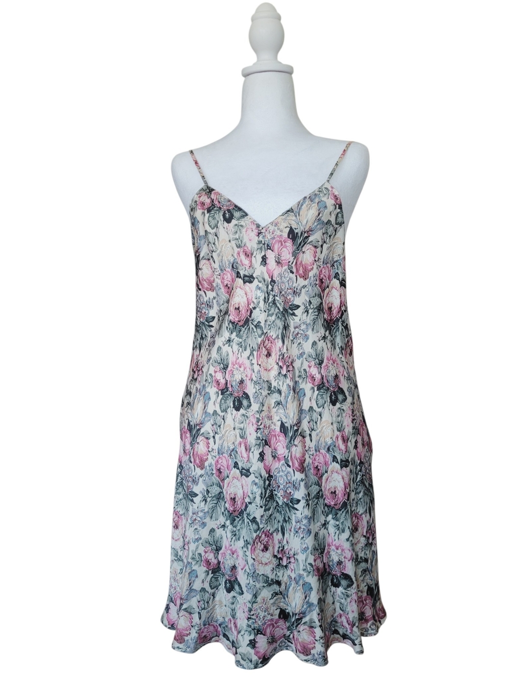 Vintage Godiva Silk Floral Slip Chemise with Pink Rose Print Medium